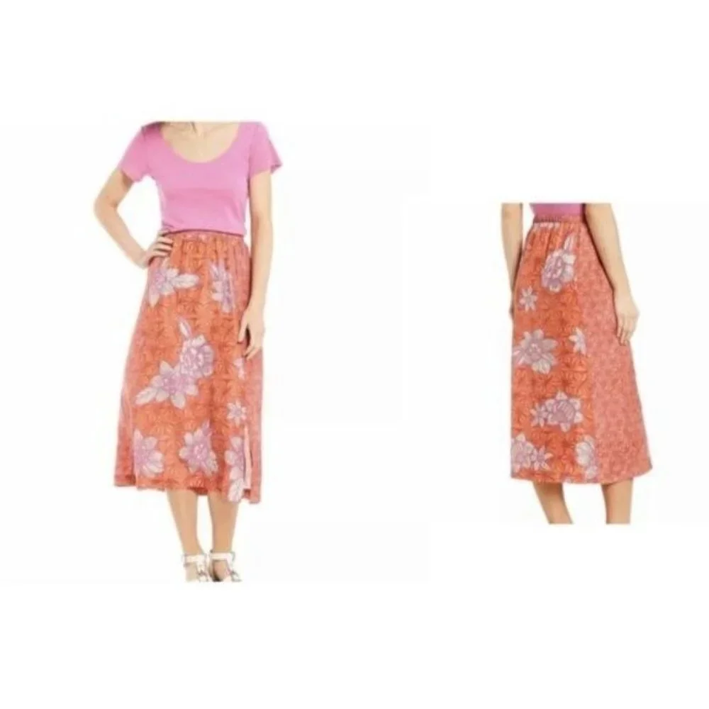 Sigrid Olsen 100% Silk Coral Hawaiian A-Line Lightweight Midi Skirt Medium NWT